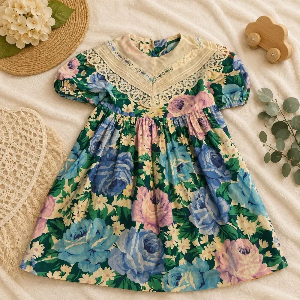 Vintage Bonnie Jean Floral Dress Girls Size 6 Blue Roses Lace Collar Made USA